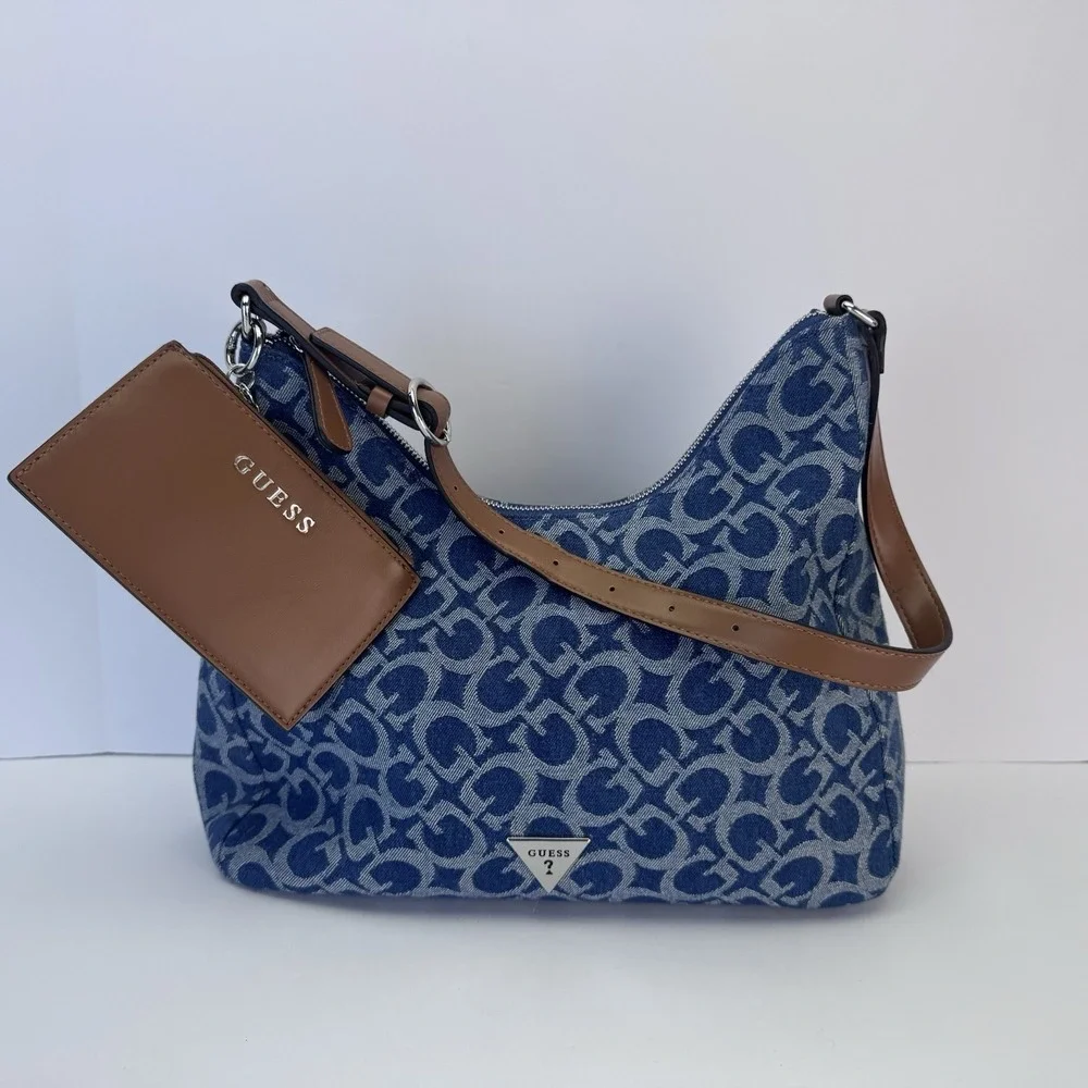 Guess Hobo Shoulder Bag Denim Blue Print Satchel Wells W/ Small Zip Card Pouch